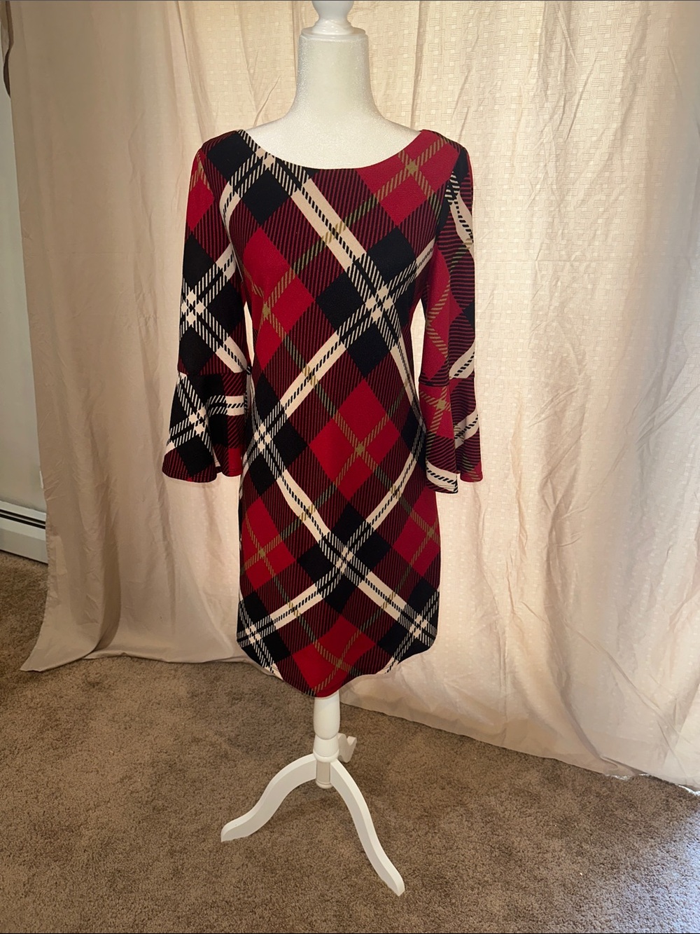 Plaid Boatneck Bell-Sleeve Dress in Red Tartan
